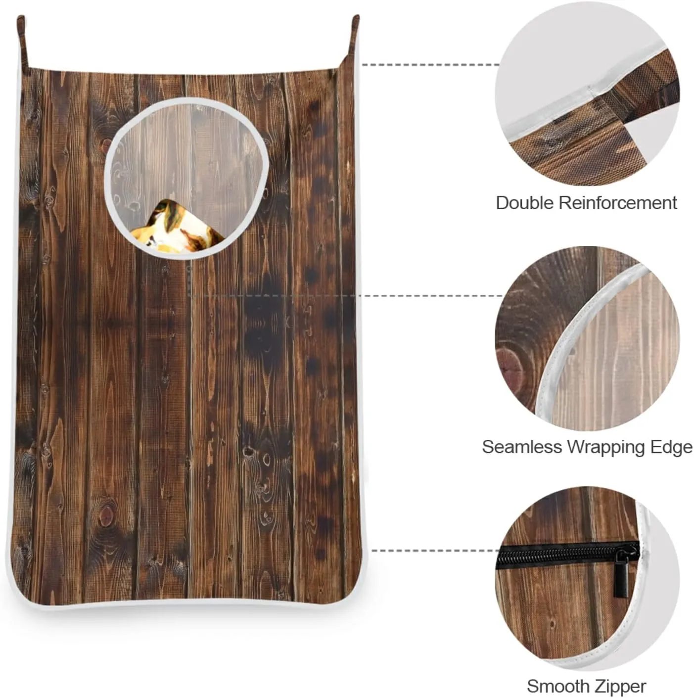 Oyihfvs Dark Brown Wood Retro Wooden Texture Hanging Laundry Hamper Bag, Dirty Clothes Basket Bag with Hooks Bag Space Saving, for Bathroom, Bedroom, Storage, Behind Doors