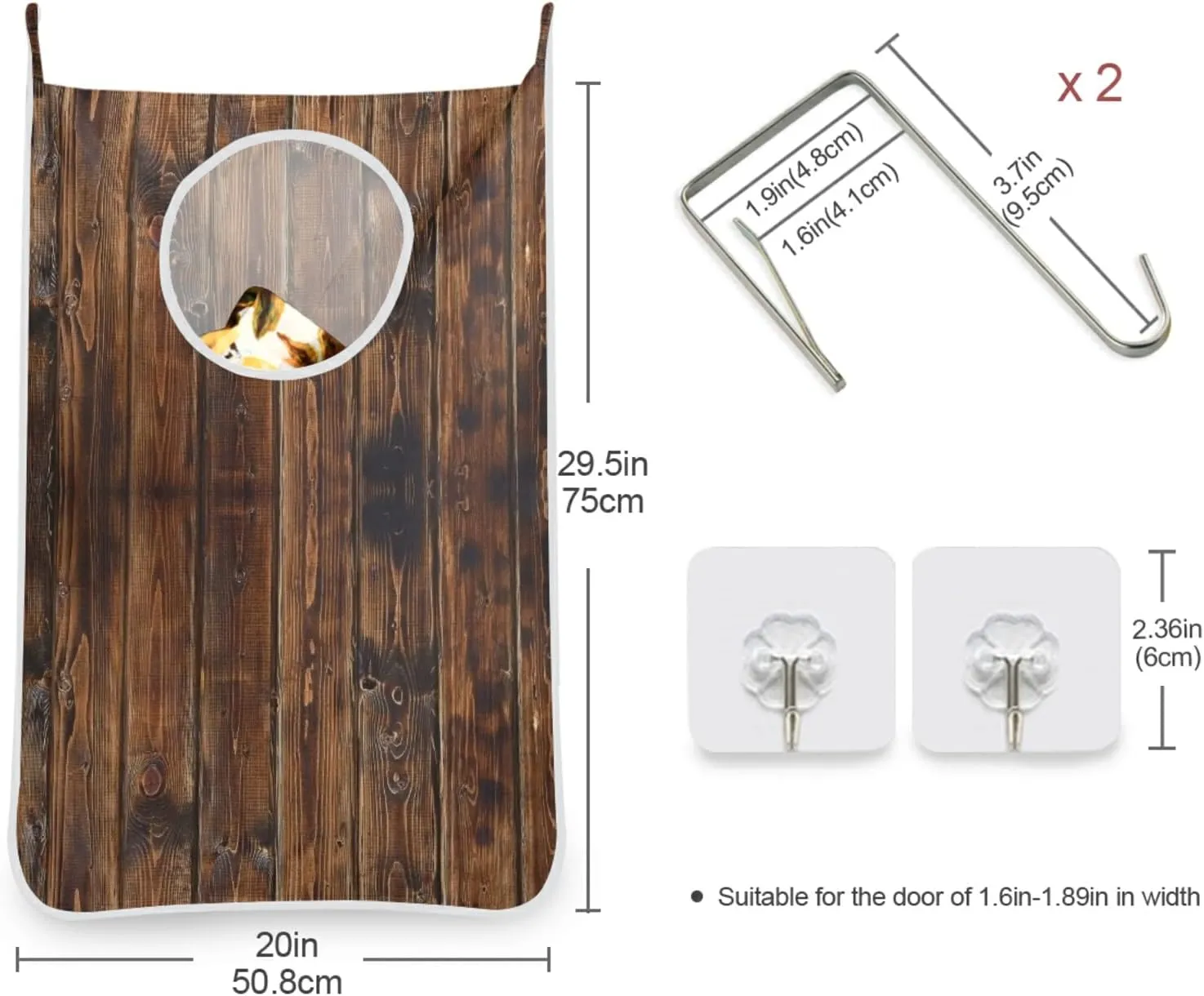 Oyihfvs Dark Brown Wood Retro Wooden Texture Hanging Laundry Hamper Bag, Dirty Clothes Basket Bag with Hooks Bag Space Saving, for Bathroom, Bedroom, Storage, Behind Doors