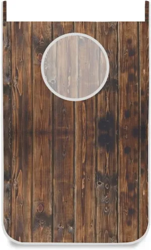 Oyihfvs Dark Brown Wood Retro Wooden Texture Hanging Laundry Hamper Bag, Dirty Clothes Basket Bag with Hooks Bag Space Saving, for Bathroom, Bedroom, Storage, Behind Doors