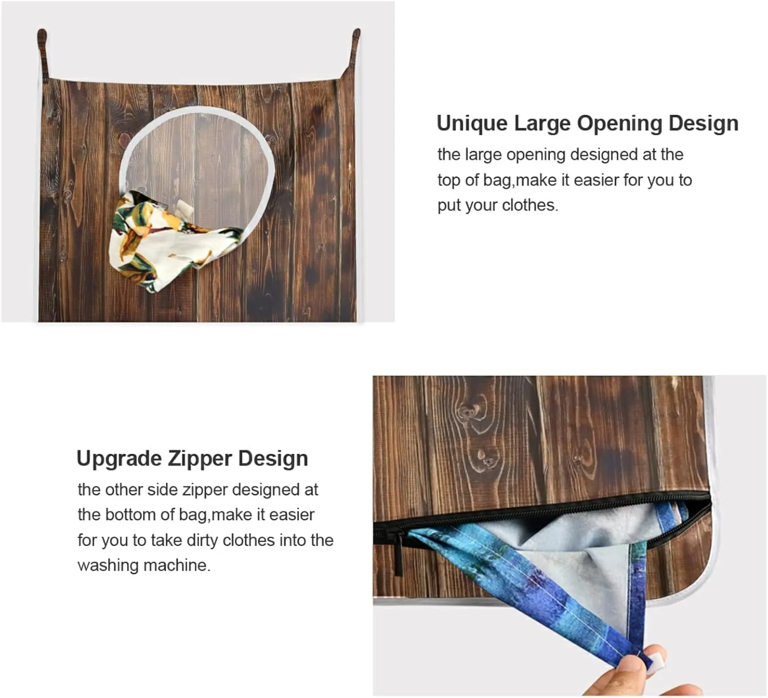 Oyihfvs Dark Brown Wood Retro Wooden Texture Hanging Laundry Hamper Bag, Dirty Clothes Basket Bag with Hooks Bag Space Saving, for Bathroom, Bedroom, Storage, Behind Doors