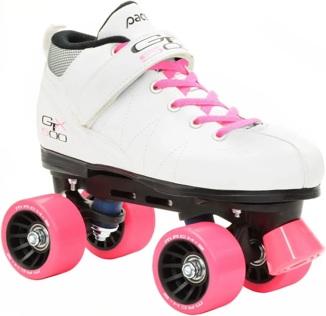 Pacer Mach-5 GTX500 White Quad Roller Skates w/ 2 Pair of Laces (Pink & White)