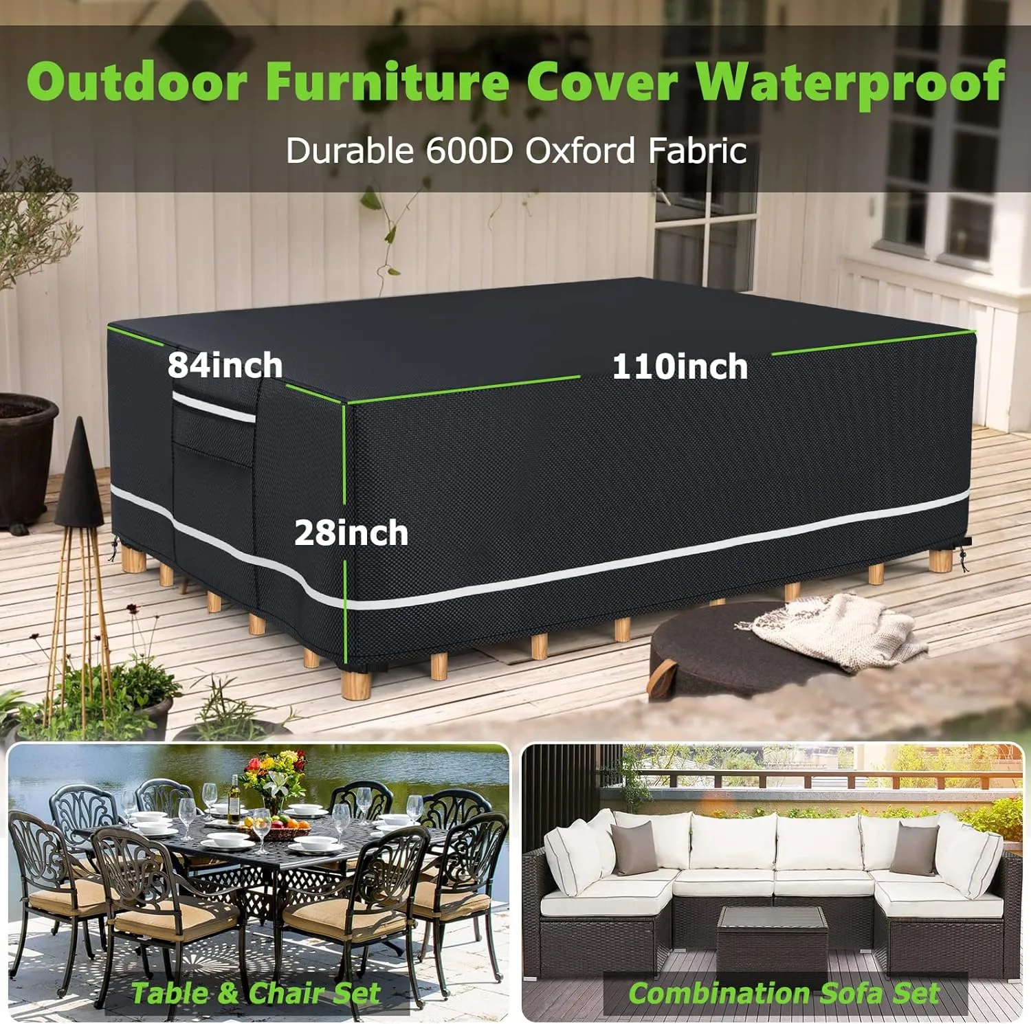 Patio Furniture Covers Waterproof, Heavy Duty 600D Outdoor Furniture Covers for Outside Sectional Sofa Set,Tear Resistance and Anti-UV,110"L x 84"W x 28"H, Black with White Border