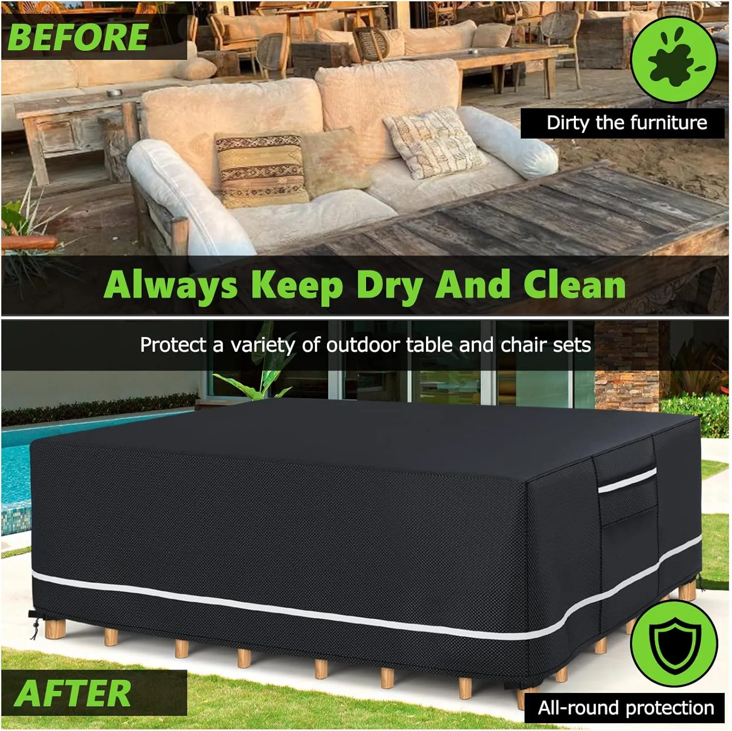 Patio Furniture Covers Waterproof, Heavy Duty 600D Outdoor Furniture Covers for Outside Sectional Sofa Set,Tear Resistance and Anti-UV,110"L x 84"W x 28"H, Black with White Border