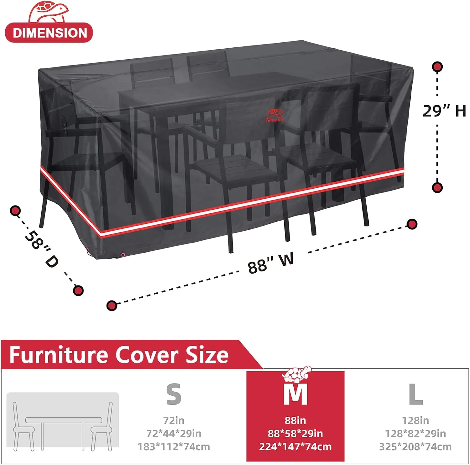 Patio Furniture Sets Cover, Heavy Duty Rectangular Durable Waterproof Outdoor UV Resistant Anti-Fading Dining Table Chairs Furniture Cover, Black, 88"Lx58”Wx29”H