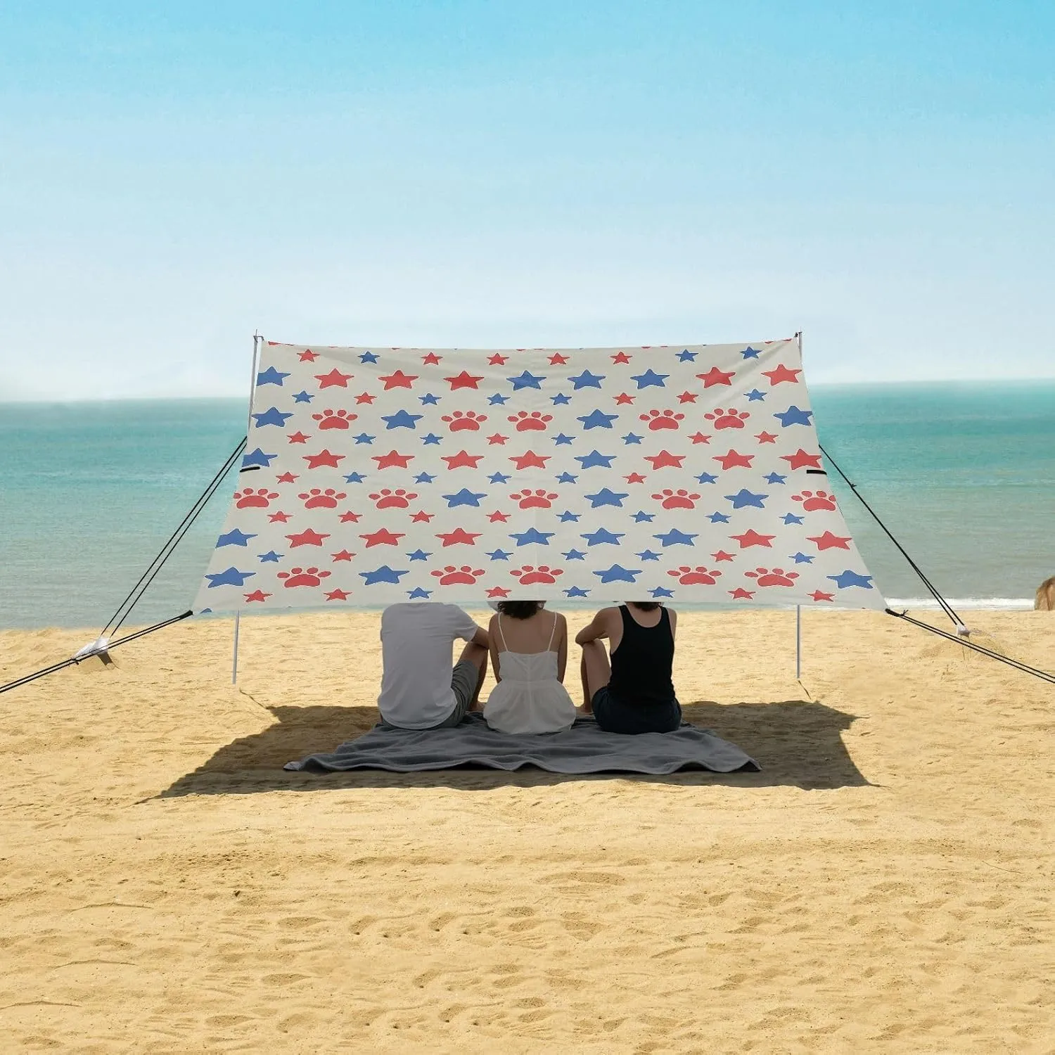 Paw Print and Star Beach Canopy Tent Anti-UV & Wind Resistant, American Independence Day Camping Sun Shelter Easy Setup Portable,Outdoor Shade Tents with Sandbags,Sand Shovels,Ground Pegs & Stab