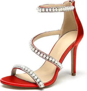 Pearl Heels Sandals Stiletto Heels Open Toe High Heel Sandals Pump Shoes for Women Bride Wedding Party Evening Heels