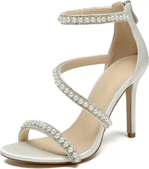 Pearl Heels Sandals Stiletto Heels Open Toe High Heel Sandals Pump Shoes for Women Bride Wedding Party Evening Heels