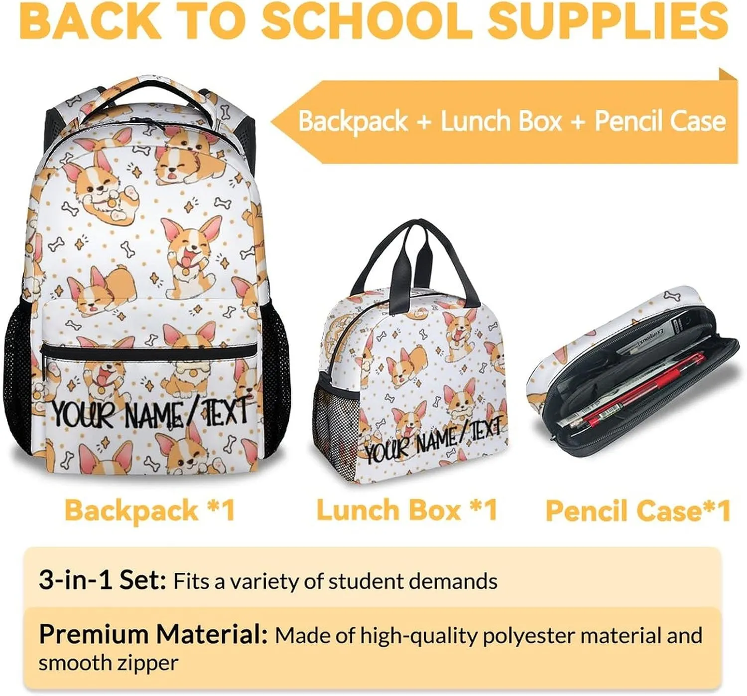 Personalized Cute Corgi Backpack with Lunch Box And Pencil Case, 16 Inch Dog Theme Bookbag with Adjustable Straps, Durable, Lightweight, Large Capacity, School Backpack for Kids Girls Boys
