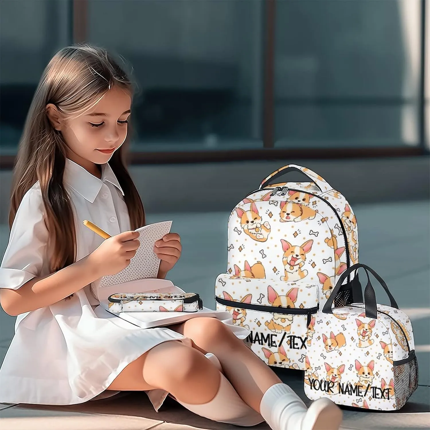 Personalized Cute Corgi Backpack with Lunch Box And Pencil Case, 16 Inch Dog Theme Bookbag with Adjustable Straps, Durable, Lightweight, Large Capacity, School Backpack for Kids Girls Boys