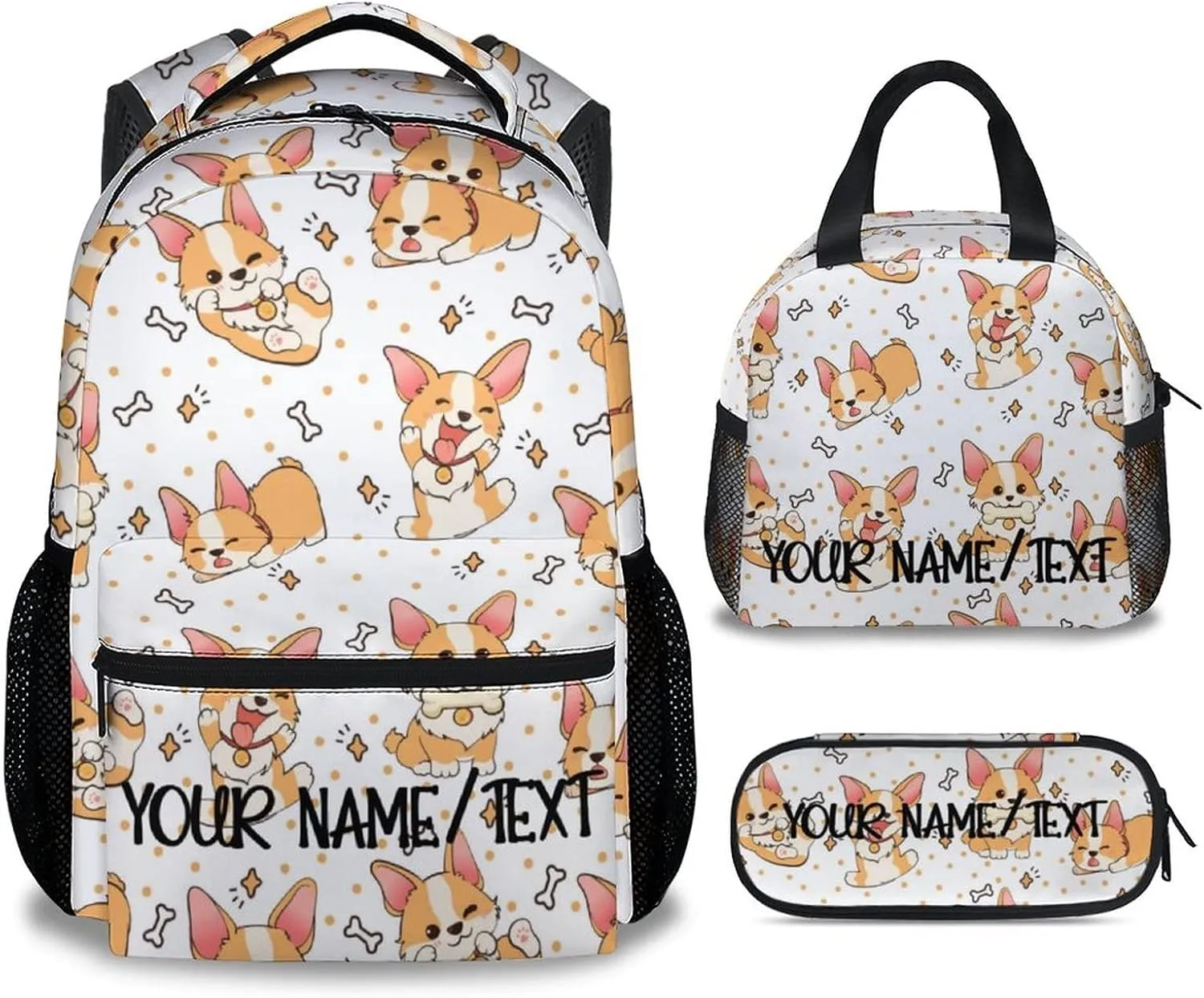 Personalized Cute Corgi Backpack with Lunch Box And Pencil Case, 16 Inch Dog Theme Bookbag with Adjustable Straps, Durable, Lightweight, Large Capacity, School Backpack for Kids Girls Boys
