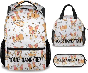 Personalized Cute Corgi Backpack with Lunch Box And Pencil Case, 16 Inch Dog Theme Bookbag with Adjustable Straps, Durable, Lightweight, Large Capacity, School Backpack for Kids Girls Boys