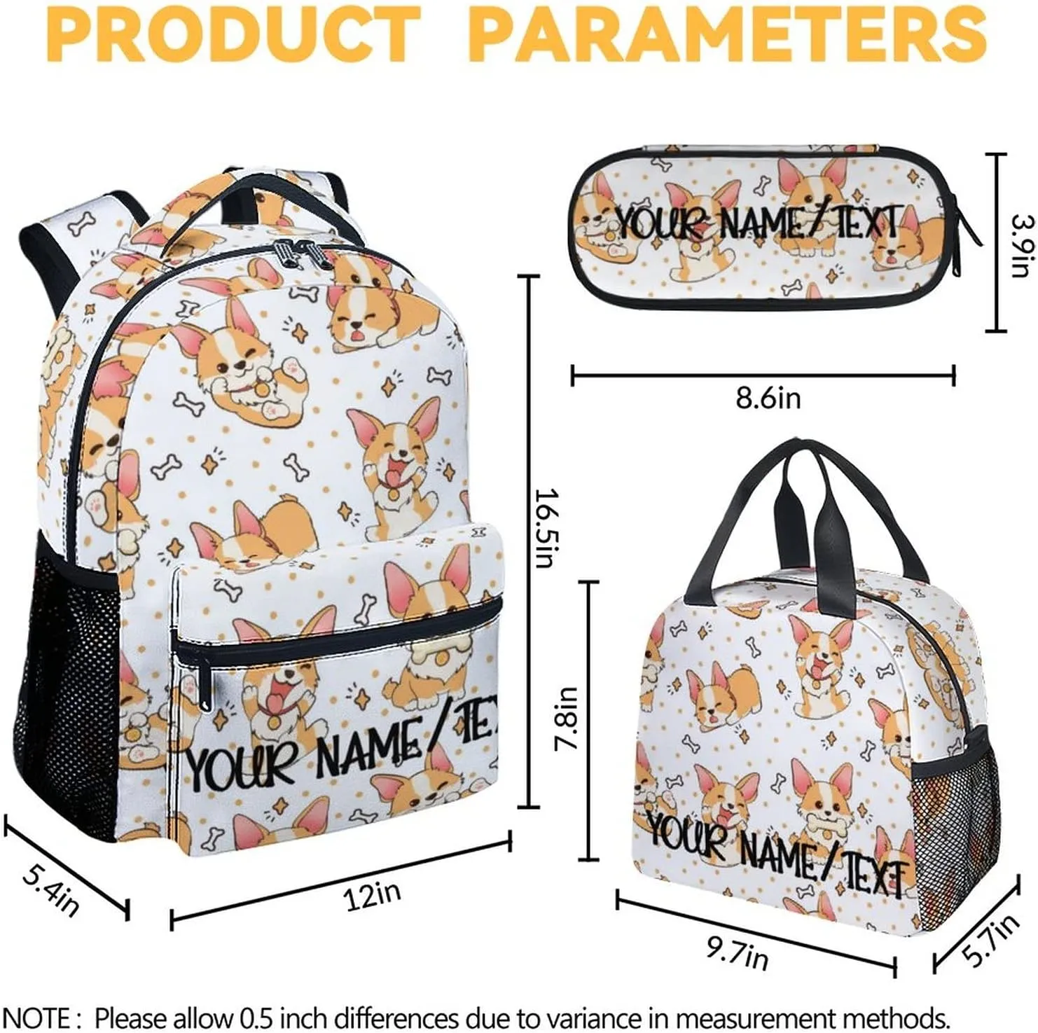 Personalized Cute Corgi Backpack with Lunch Box And Pencil Case, 16 Inch Dog Theme Bookbag with Adjustable Straps, Durable, Lightweight, Large Capacity, School Backpack for Kids Girls Boys