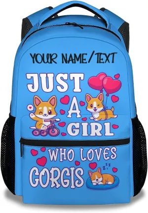 Personalized Cute Corgi Backpack with Name Text, 16 Inch Dog Theme Bookbag with Adjustable Straps, Durable, Lightweight, Large Capacity, School Backpack for Kids Girls Boys