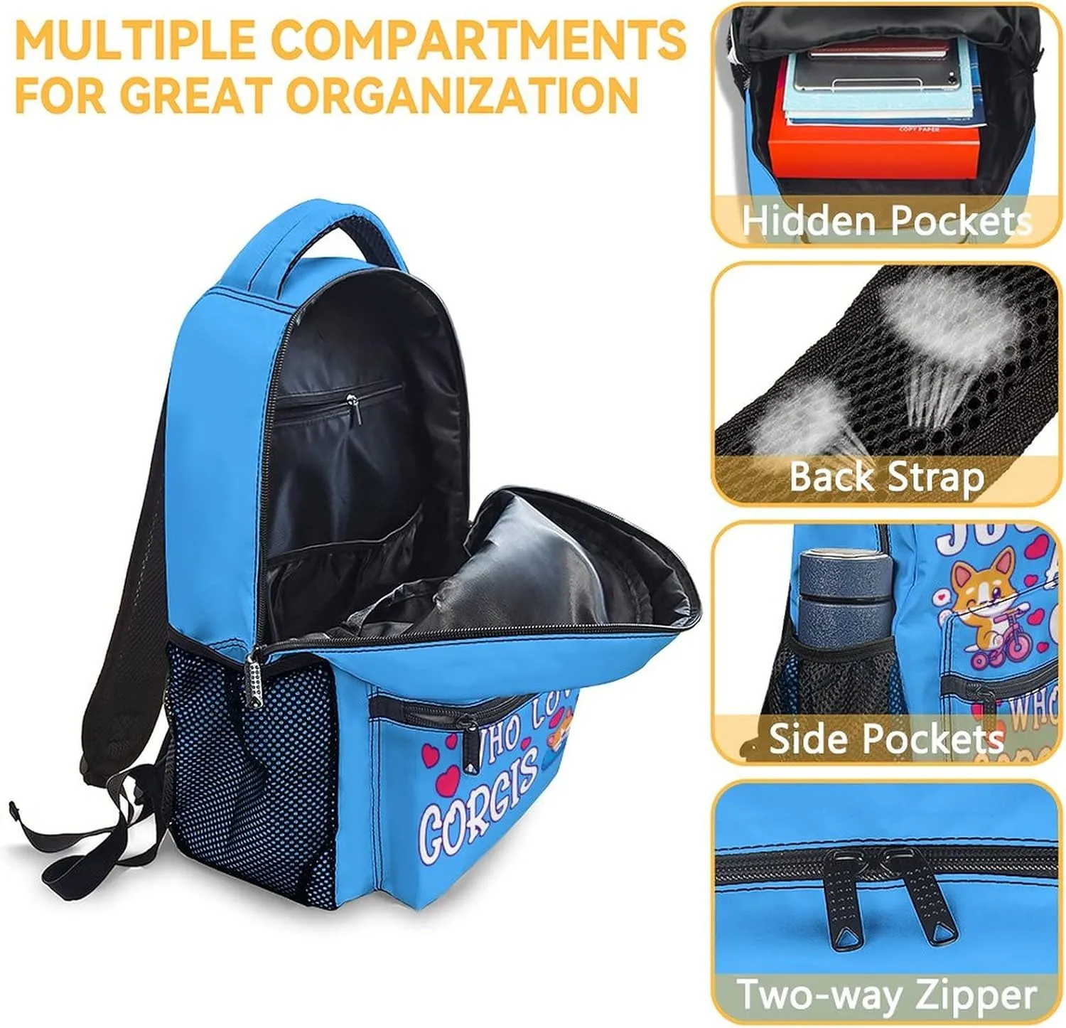 Personalized Cute Corgi Backpack with Name Text, 16 Inch Dog Theme Bookbag with Adjustable Straps, Durable, Lightweight, Large Capacity, School Backpack for Kids Girls Boys