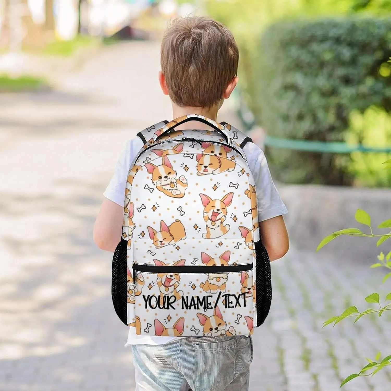 Personalized Cute Corgi Backpack with Name Text, 16 Inch Dog Theme Bookbag with Adjustable Straps, Durable, Lightweight, Large Capacity, School Backpack for Kids Girls Boys