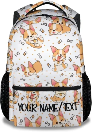 Personalized Cute Corgi Backpack with Name Text, 16 Inch Dog Theme Bookbag with Adjustable Straps, Durable, Lightweight, Large Capacity, School Backpack for Kids Girls Boys