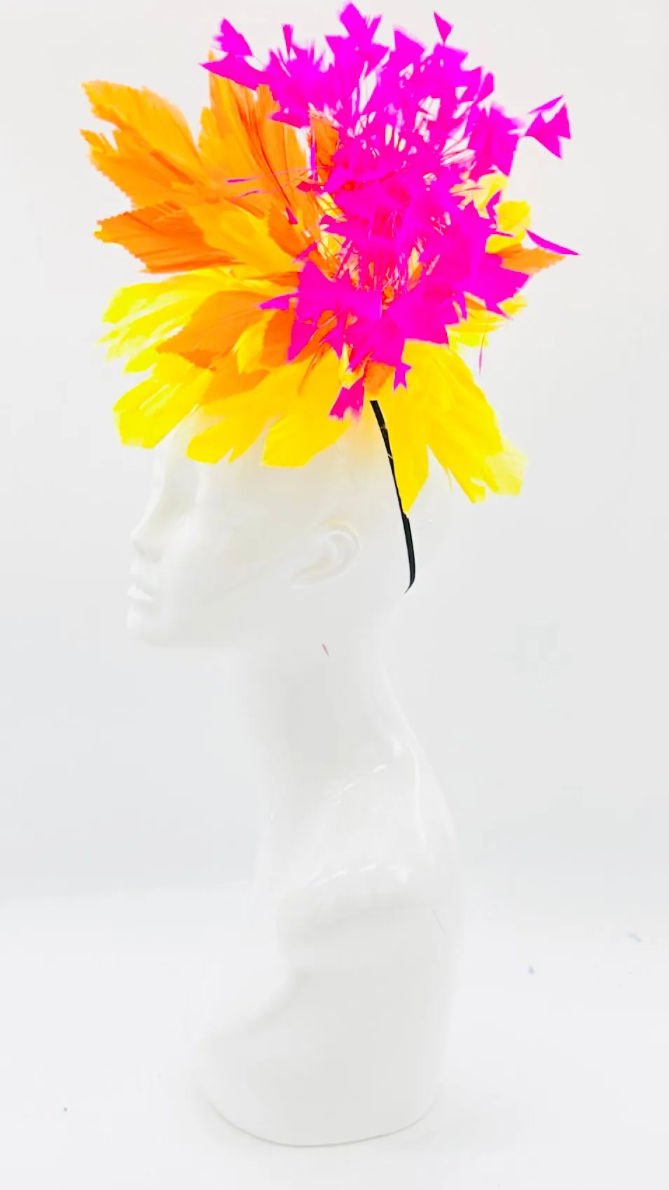 Pink orange yellow feather Kentucky Derby Fascinator, derby hat Kentucky Derby Hat Alternative, Floral Fascinator, (GOLD LINE)