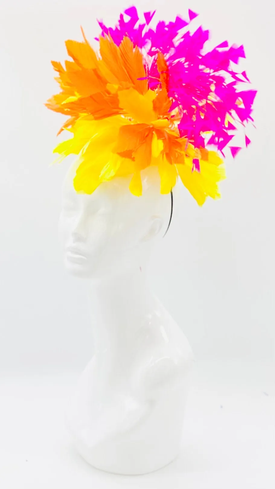 Pink orange yellow feather Kentucky Derby Fascinator, derby hat Kentucky Derby Hat Alternative, Floral Fascinator, (GOLD LINE)