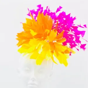 Pink orange yellow feather Kentucky Derby Fascinator, derby hat Kentucky Derby Hat Alternative, Floral Fascinator, (GOLD LINE)
