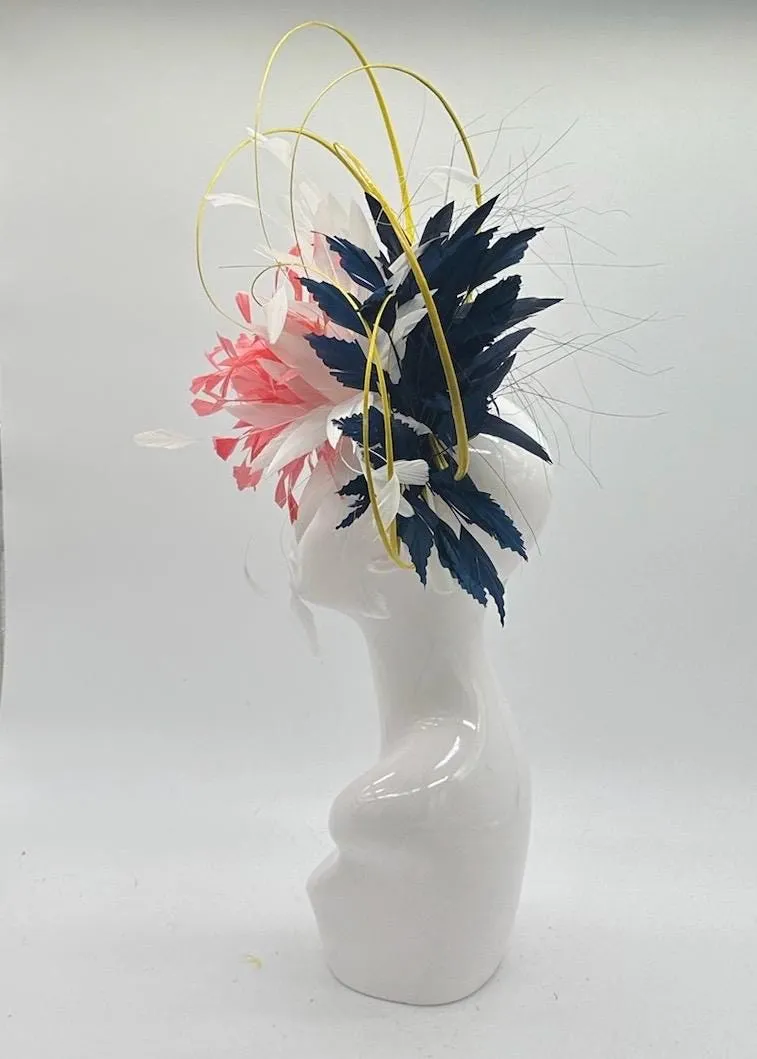 Pink, White and Navy Derby Fascinator, Kentucky Derby Hat Alternative, Kentucky derby hat (GOLD LINE)