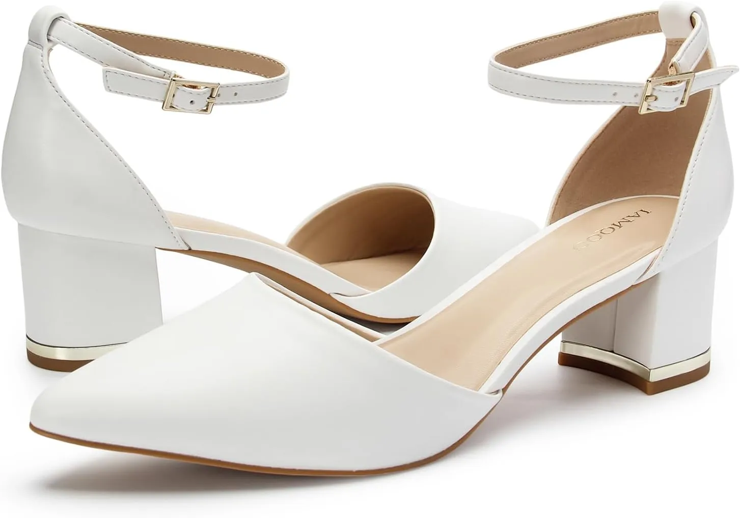 Pointed Toe Low Chunky Heels Pump Shoes Closed Toe Heels for Women Low Block Chunky Women Pumps with Ankle Strap 2.25 Inch Comfortable Wedding Pumps