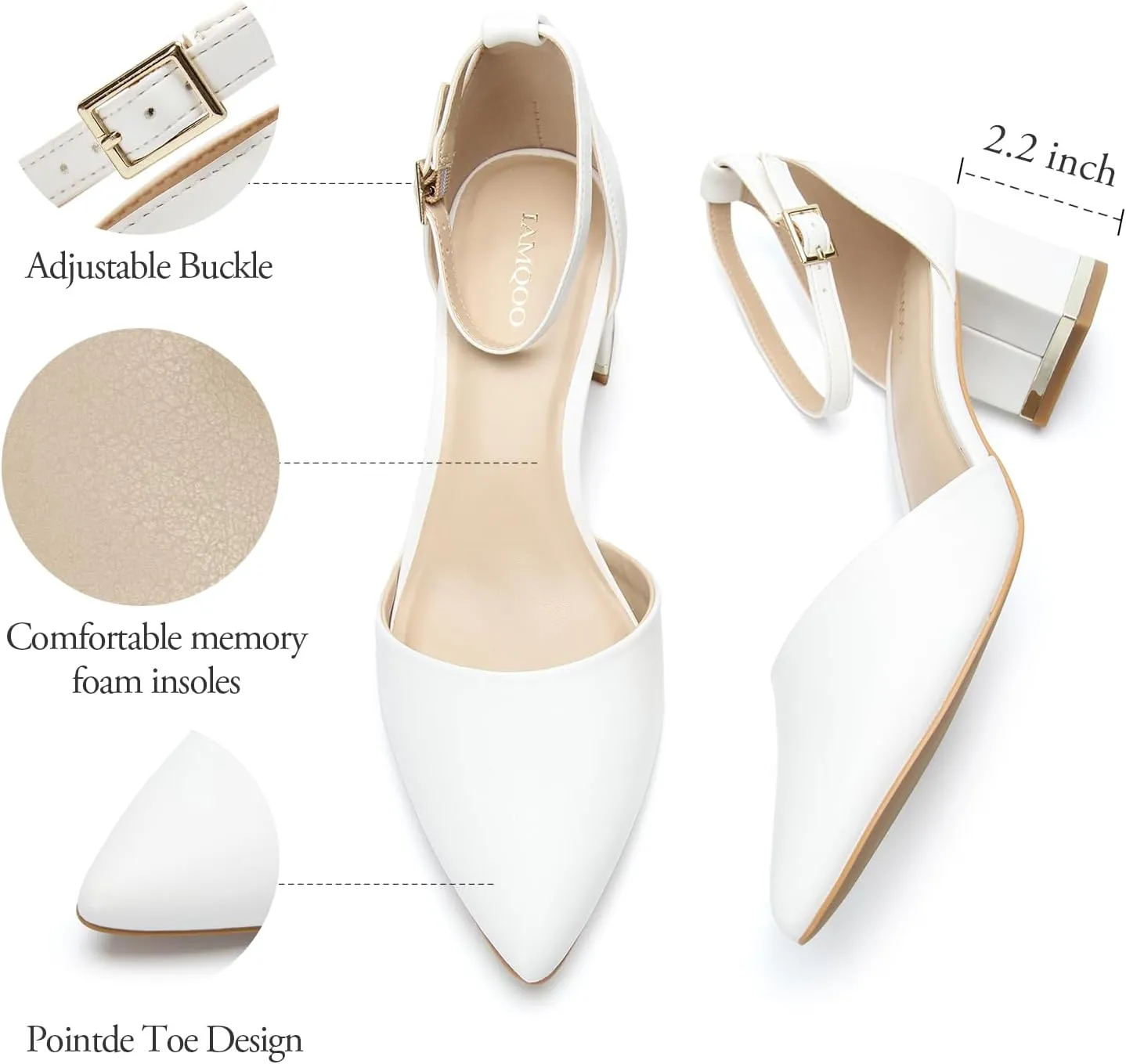 Pointed Toe Low Chunky Heels Pump Shoes Closed Toe Heels for Women Low Block Chunky Women Pumps with Ankle Strap 2.25 Inch Comfortable Wedding Pumps