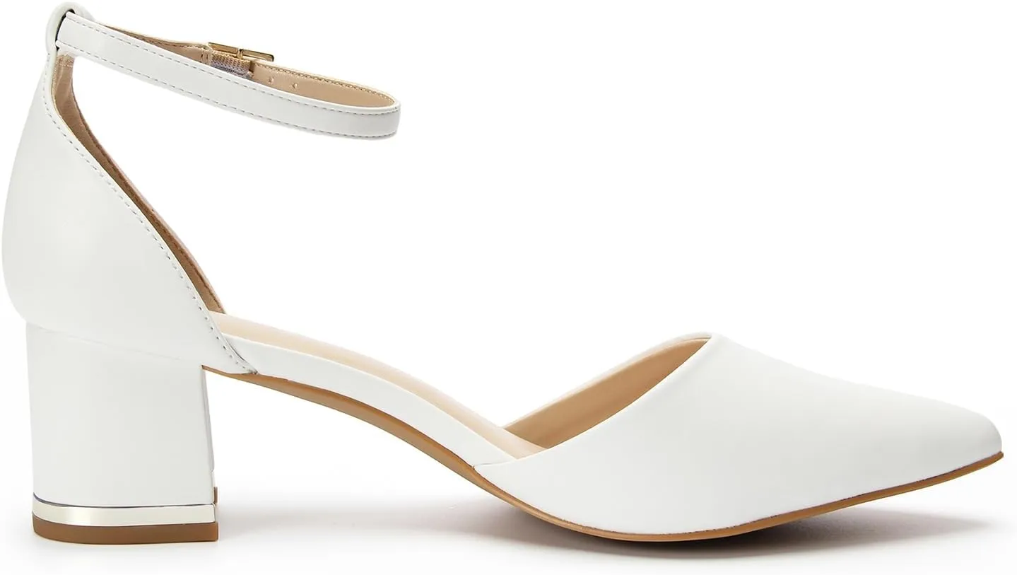 Pointed Toe Low Chunky Heels Pump Shoes Closed Toe Heels for Women Low Block Chunky Women Pumps with Ankle Strap 2.25 Inch Comfortable Wedding Pumps
