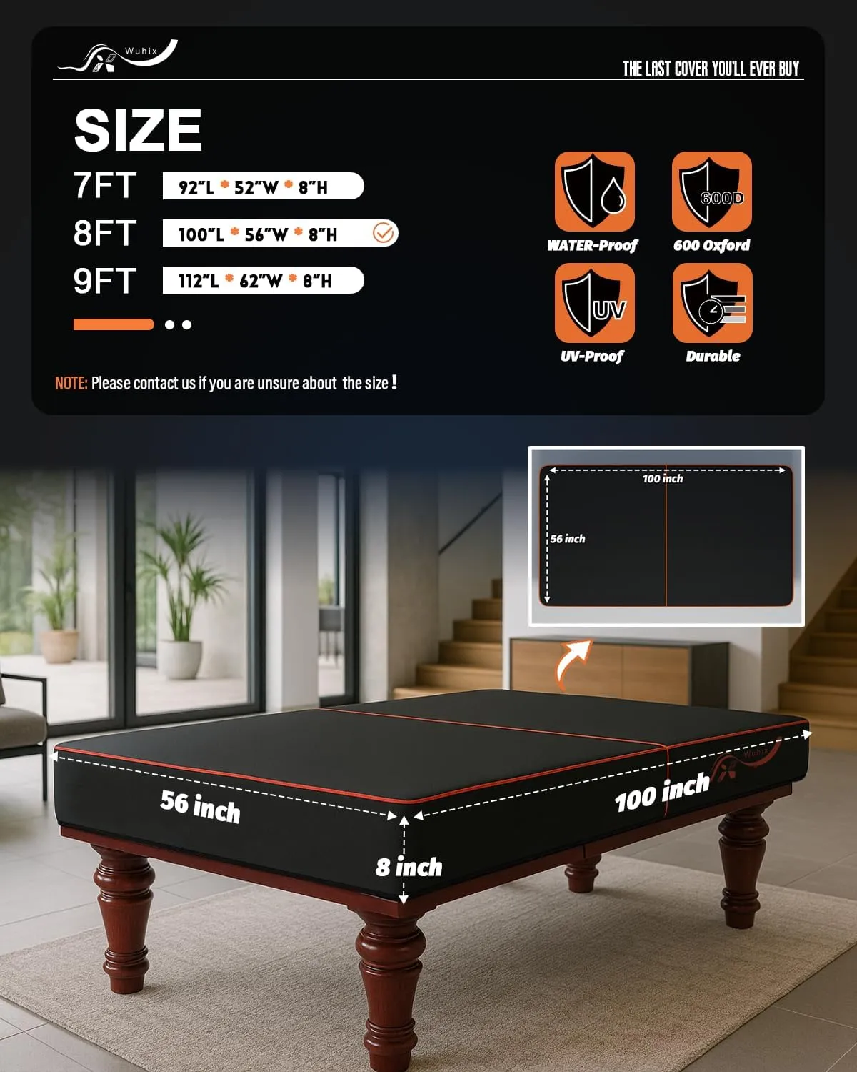Pool Table Cover 7/8/9 ft, Billiard Table Covers 600D Heavy Duty Waterproof and Scratched-Free Outdoor Table Cover with Bag, Pool Table Accessories, Compatible with Rounded Corner Pool Tables - 8 Foot