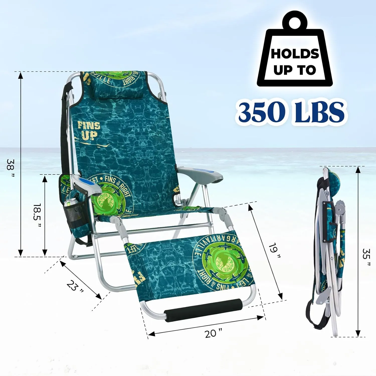 Portable Beach Chair for Adults, Outdoor Lightweight Camping Chair Lay Flat Folding Backpack Beach Reclining Chair with 4 Positions, Headrest, Cooler Pouch, Cup Holder