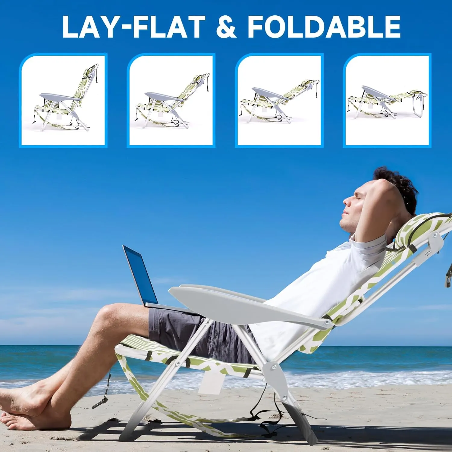 Portable Beach Chair for Adults, Outdoor Lightweight Camping Chair Lay Flat Folding Backpack Beach Reclining Chair with 4 Positions, Headrest, Cooler Pouch, Cup Holder