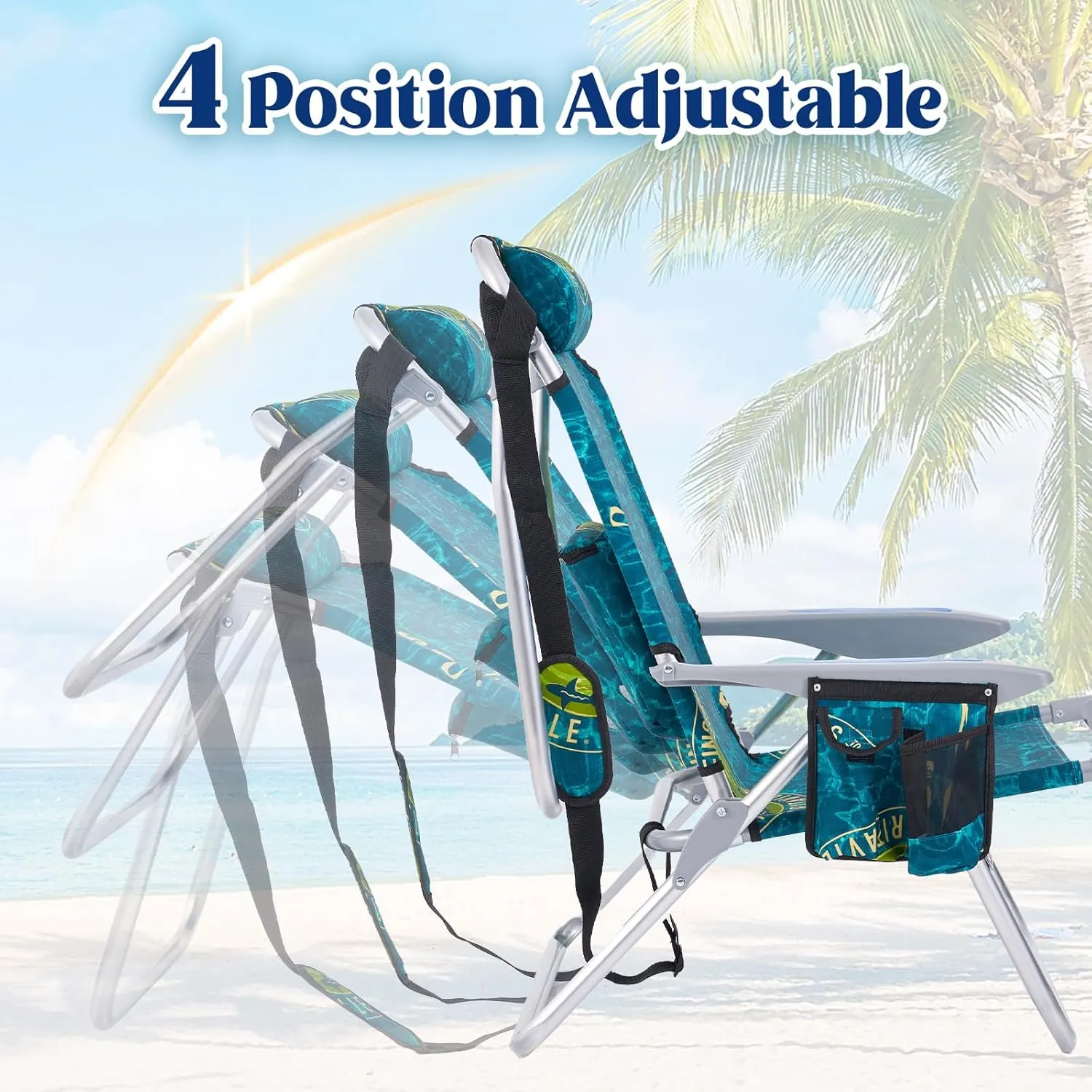 Portable Beach Chair for Adults, Outdoor Lightweight Camping Chair Lay Flat Folding Backpack Beach Reclining Chair with 4 Positions, Headrest, Cooler Pouch, Cup Holder