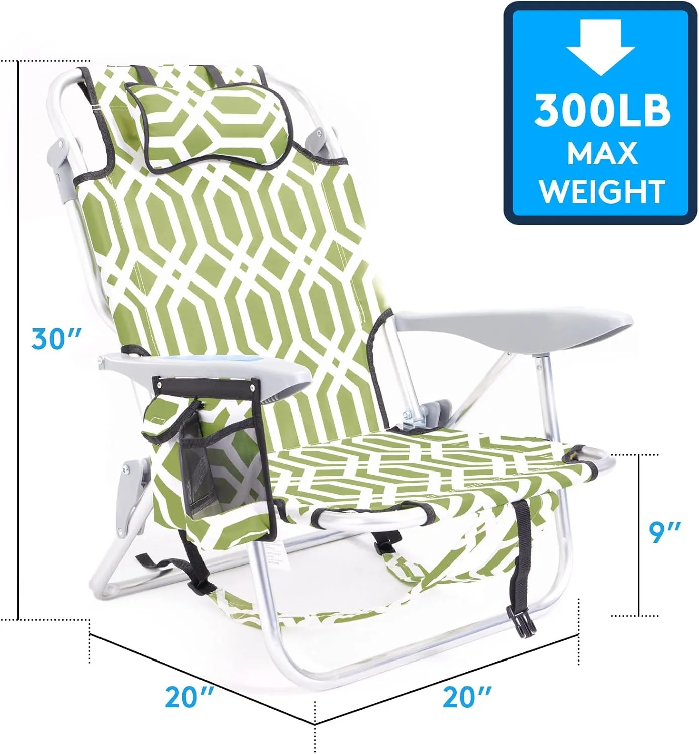 Portable Beach Chair for Adults, Outdoor Lightweight Camping Chair Lay Flat Folding Backpack Beach Reclining Chair with 4 Positions, Headrest, Cooler Pouch, Cup Holder