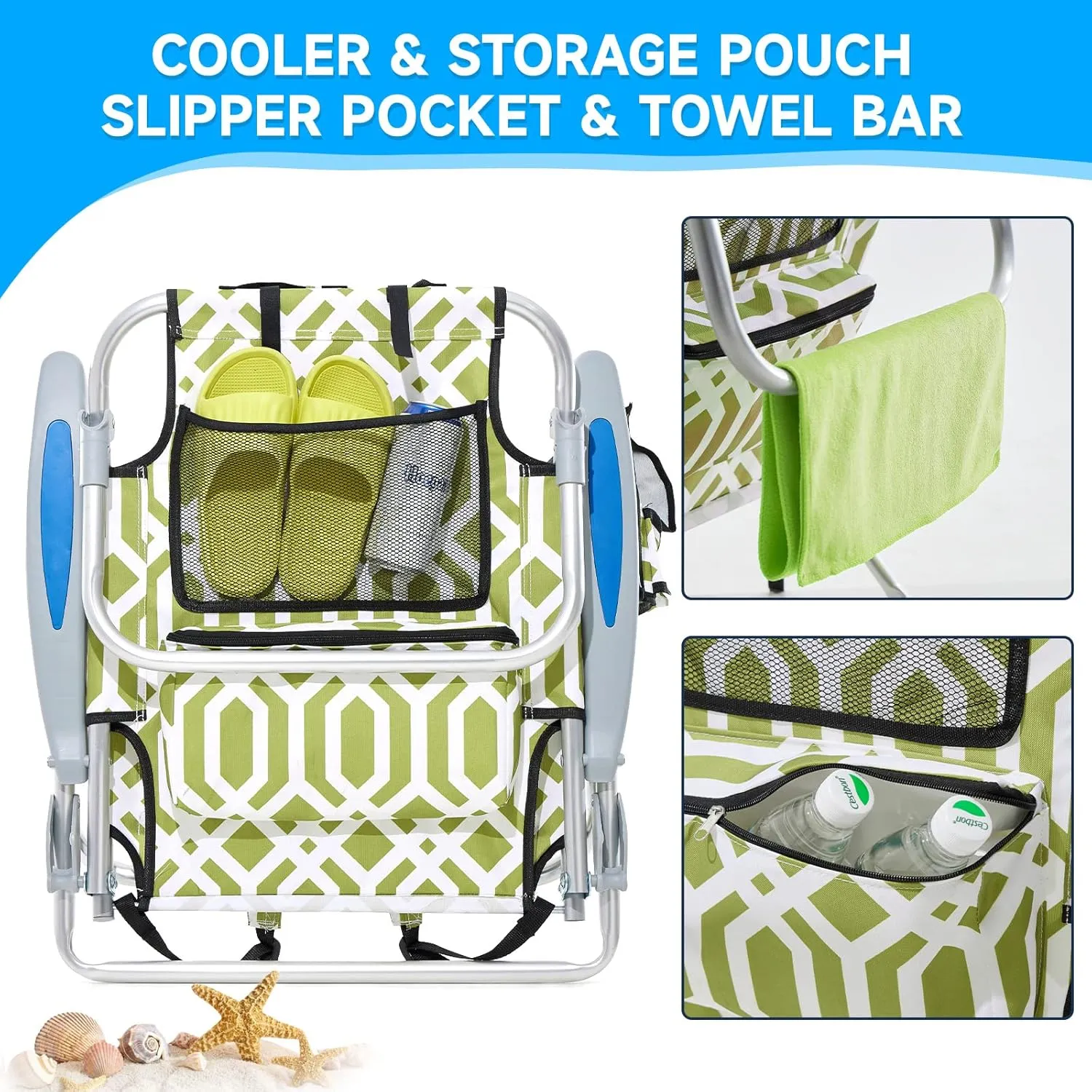 Portable Beach Chair for Adults, Outdoor Lightweight Camping Chair Lay Flat Folding Backpack Beach Reclining Chair with 4 Positions, Headrest, Cooler Pouch, Cup Holder