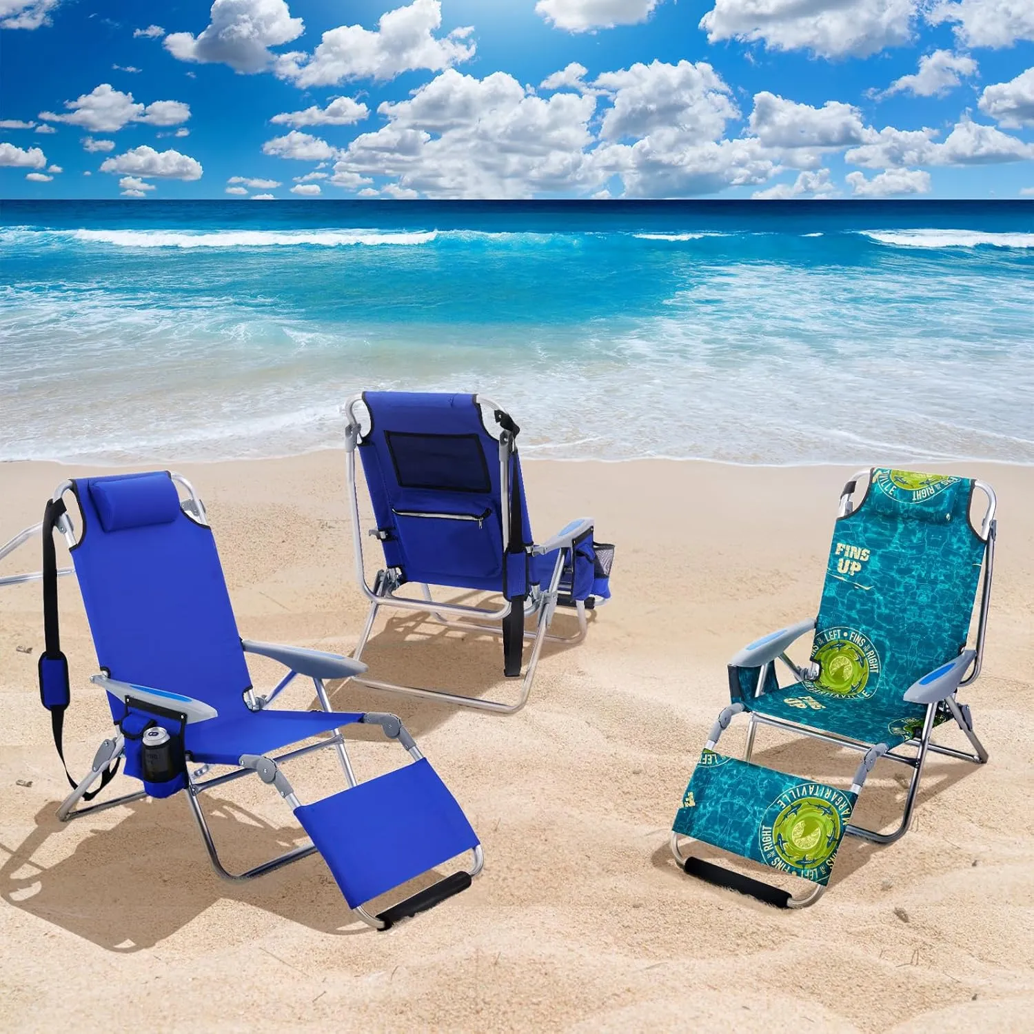 Portable Beach Chair for Adults, Outdoor Lightweight Camping Chair Lay Flat Folding Backpack Beach Reclining Chair with 4 Positions, Headrest, Cooler Pouch, Cup Holder