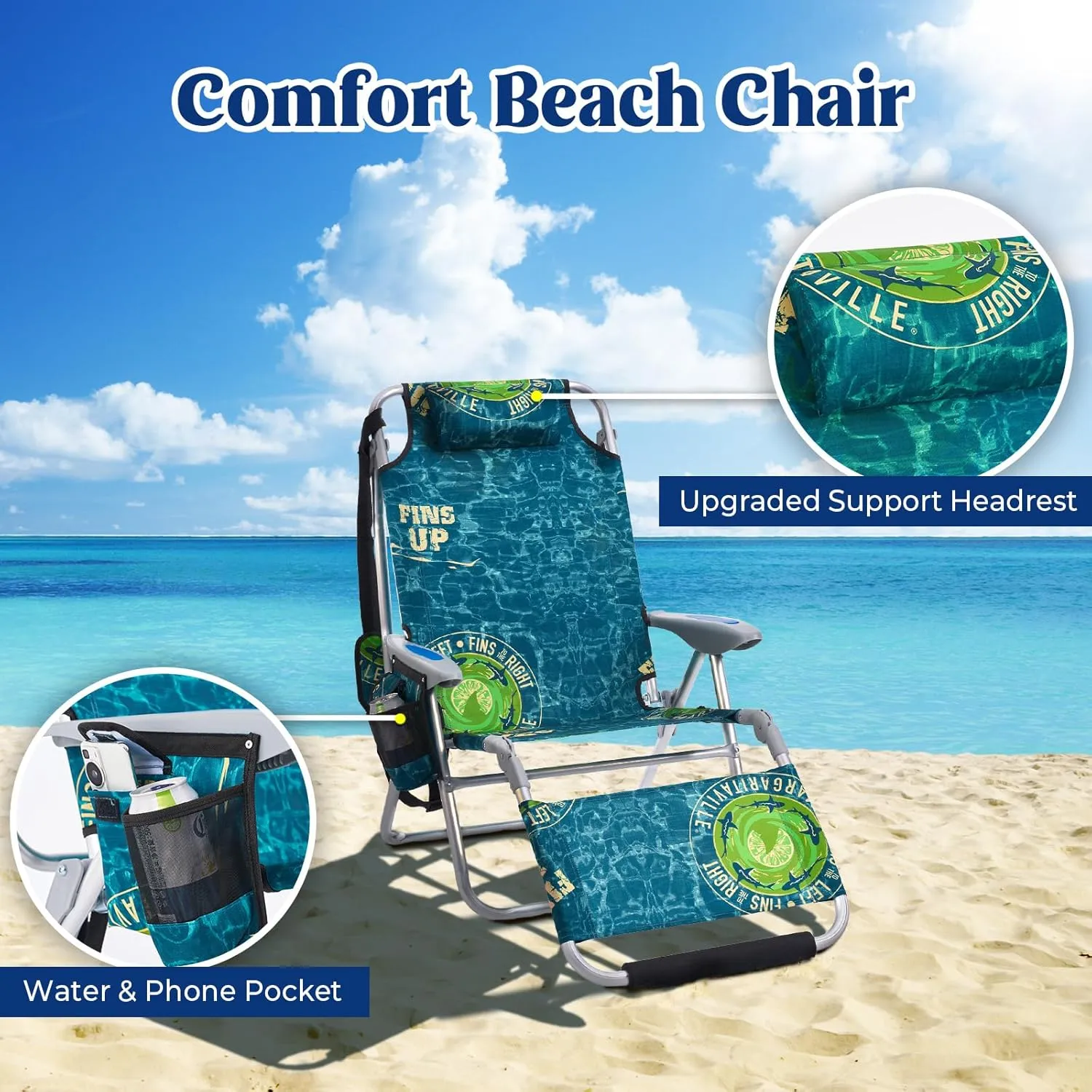 Portable Beach Chair for Adults, Outdoor Lightweight Camping Chair Lay Flat Folding Backpack Beach Reclining Chair with 4 Positions, Headrest, Cooler Pouch, Cup Holder