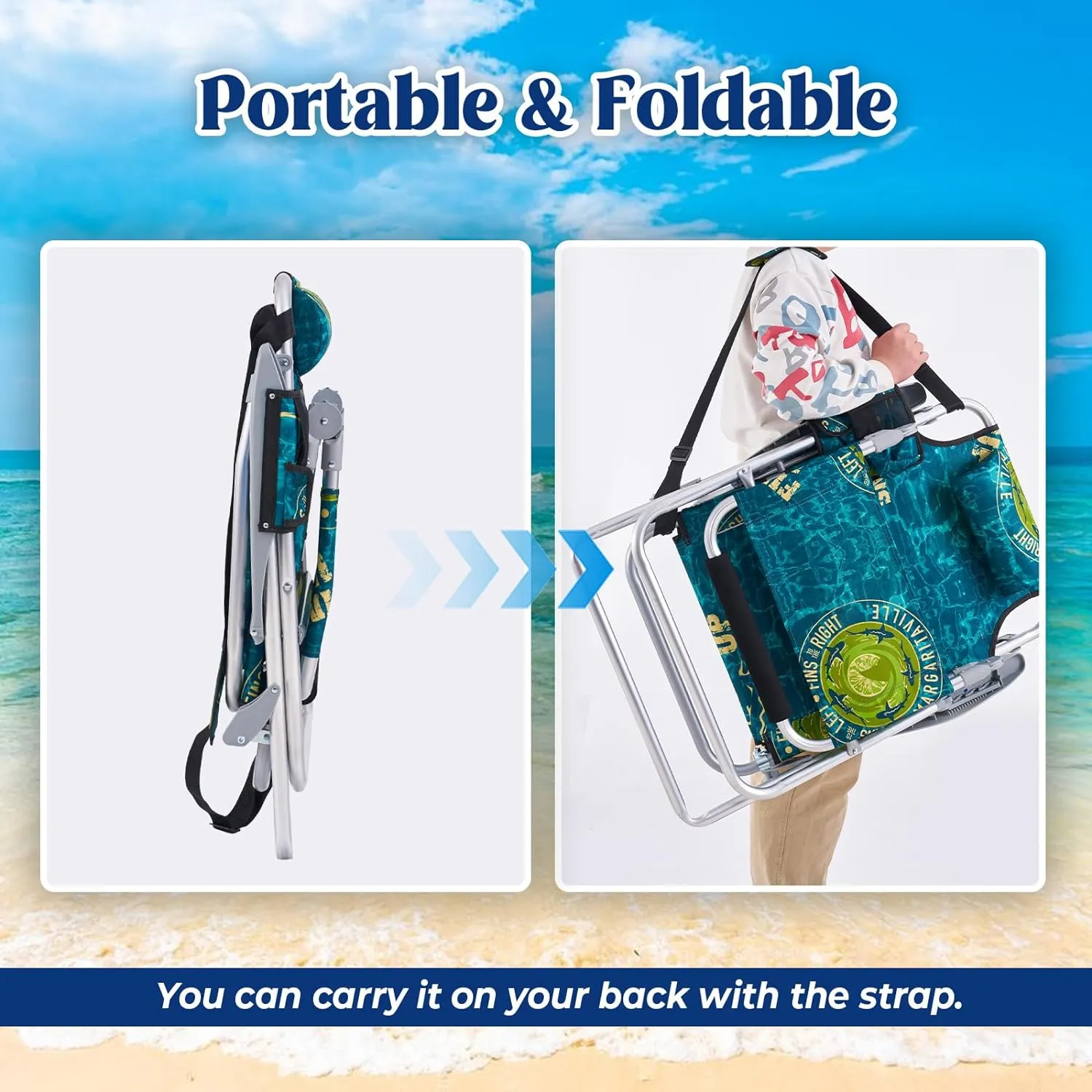 Portable Beach Chair for Adults, Outdoor Lightweight Camping Chair Lay Flat Folding Backpack Beach Reclining Chair with 4 Positions, Headrest, Cooler Pouch, Cup Holder