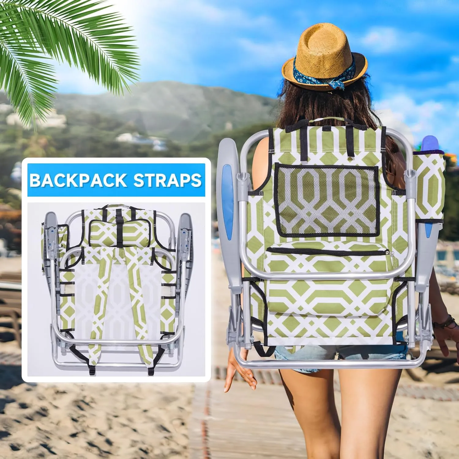 Portable Beach Chair for Adults, Outdoor Lightweight Camping Chair Lay Flat Folding Backpack Beach Reclining Chair with 4 Positions, Headrest, Cooler Pouch, Cup Holder