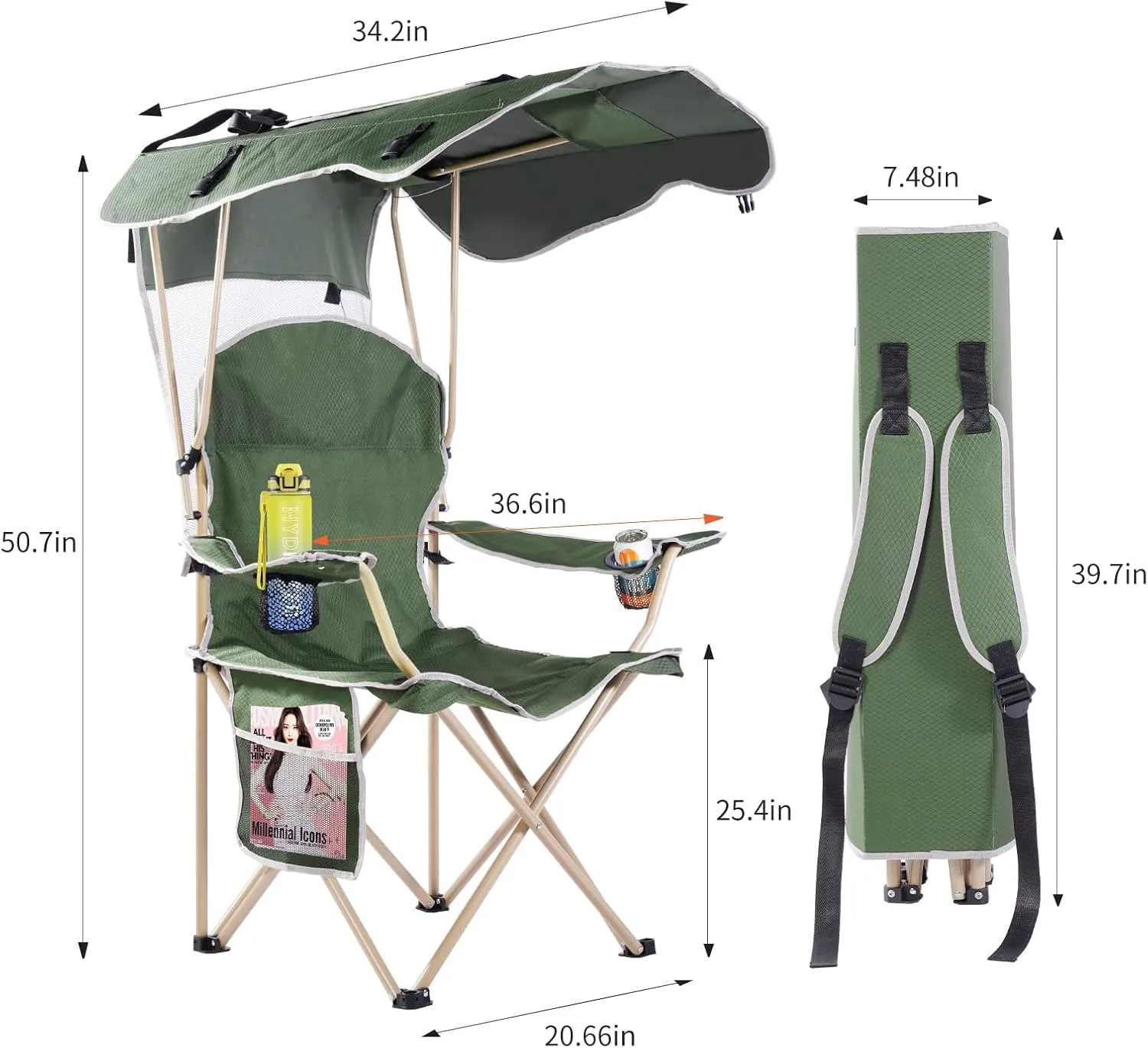 Portable Camping Chair with Canopy - Folding Chair with Canopy, Durable 600D Oxford Canopy Chair for Camping, Beach, Picnics, Fishing & Sports