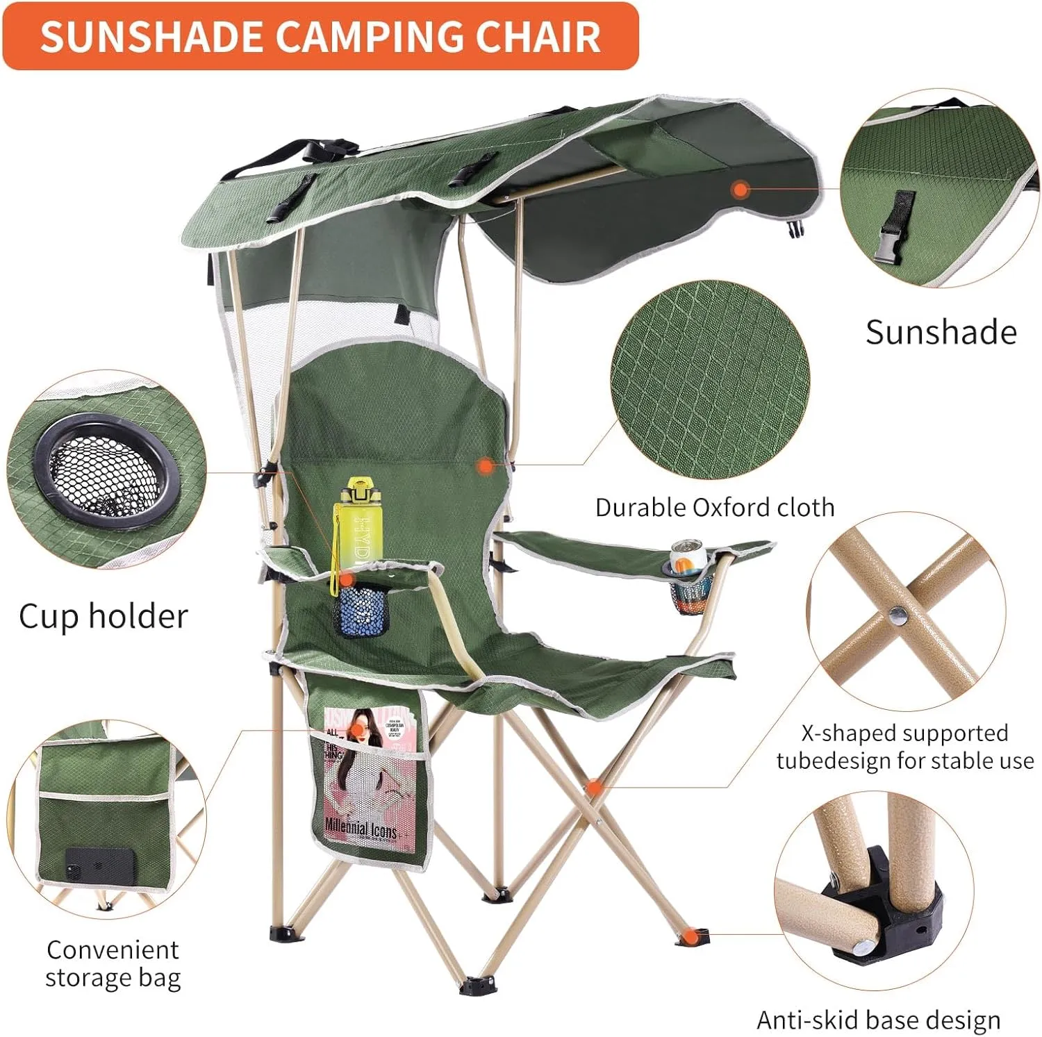 Portable Camping Chair with Canopy - Folding Chair with Canopy, Durable 600D Oxford Canopy Chair for Camping, Beach, Picnics, Fishing & Sports