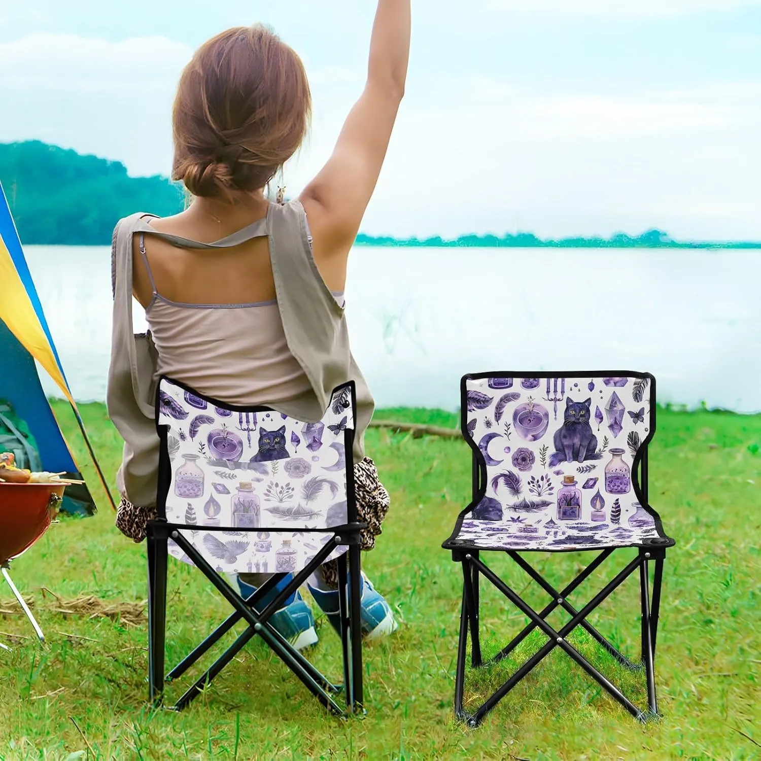 Portable Folding Camping Chair with Carrying Bag Moon and Cat Lightweight Folding Chair Perfect for Camping, Tailgates, Beach, and Sports