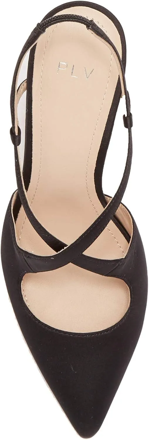 Pour La Victoire Cerry Black Fashion Pointed Toe Satin Slingback High-Heel Pumps