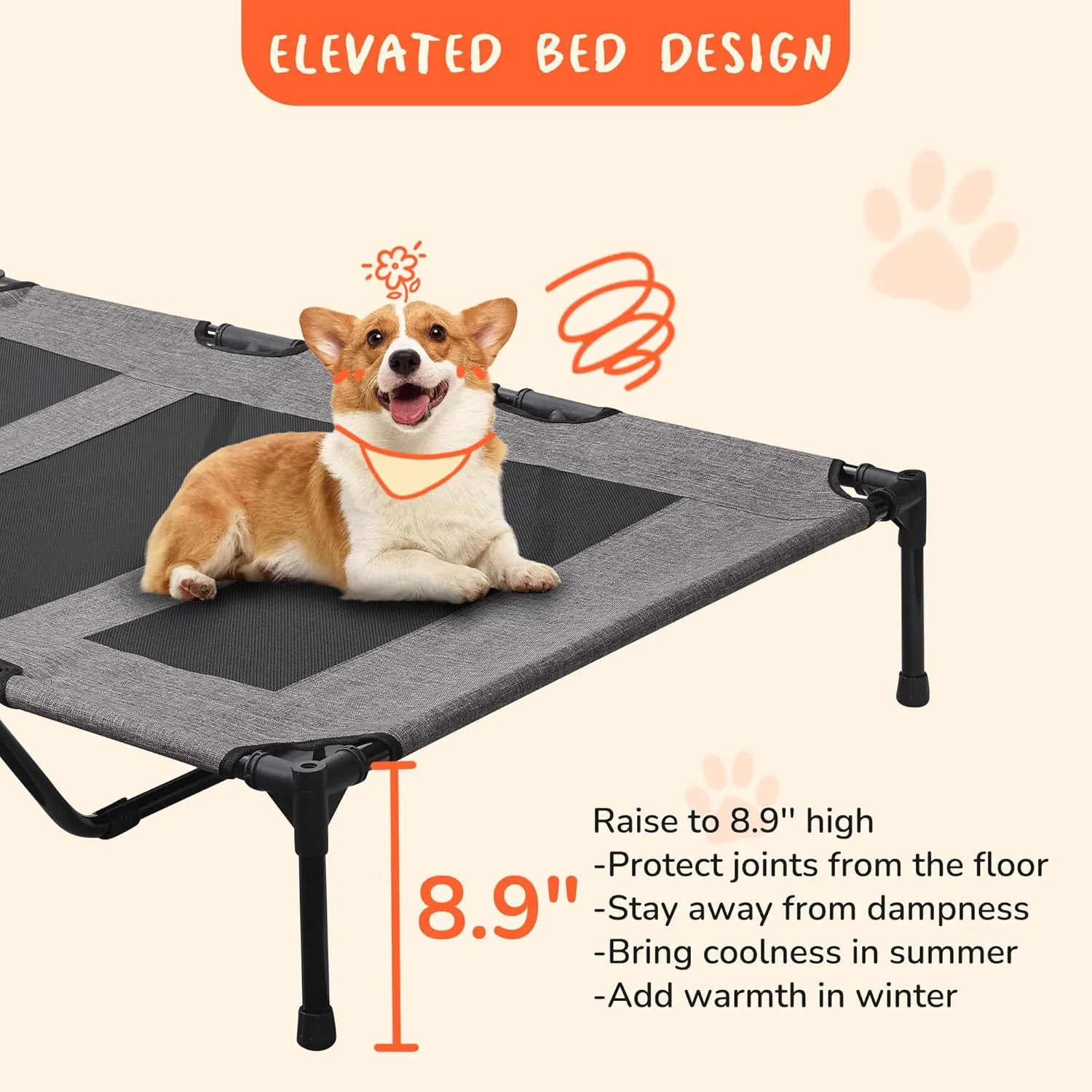 PRAISUN XL Outdoor Dog Bed, Elevated Dog Bed with Durable Oxford Fabric, Textilene Mesh, Metal Frame for Indoors, Outdoors, Lawn, Heather Grey