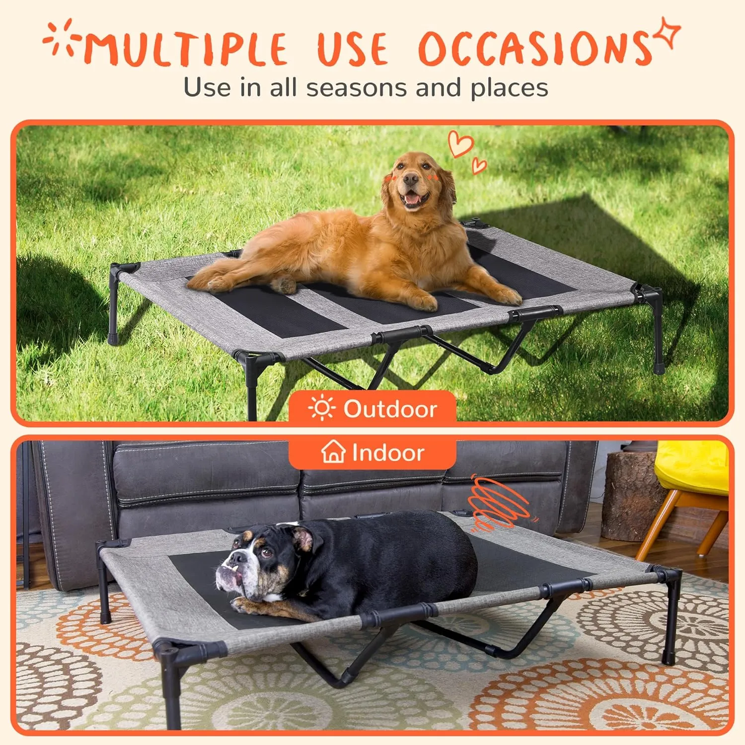 PRAISUN XL Outdoor Dog Bed, Elevated Dog Bed with Durable Oxford Fabric, Textilene Mesh, Metal Frame for Indoors, Outdoors, Lawn, Heather Grey