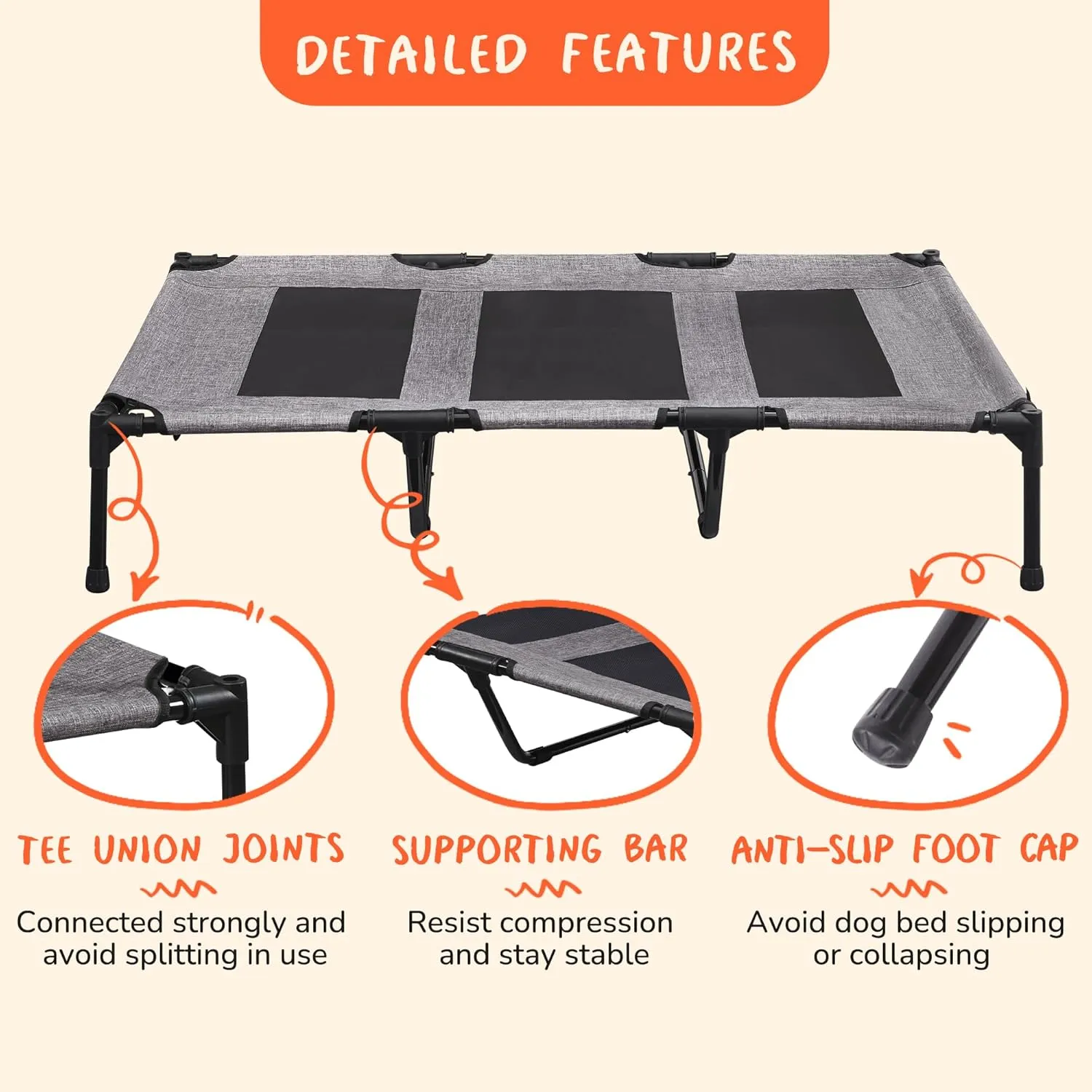 PRAISUN XL Outdoor Dog Bed, Elevated Dog Bed with Durable Oxford Fabric, Textilene Mesh, Metal Frame for Indoors, Outdoors, Lawn, Heather Grey
