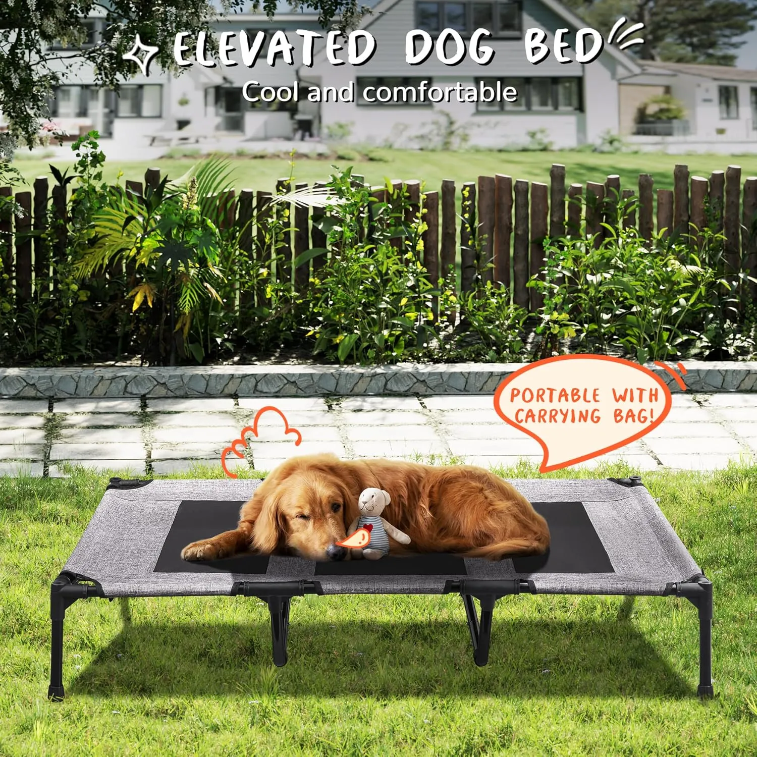 PRAISUN XL Outdoor Dog Bed, Elevated Dog Bed with Durable Oxford Fabric, Textilene Mesh, Metal Frame for Indoors, Outdoors, Lawn, Heather Grey