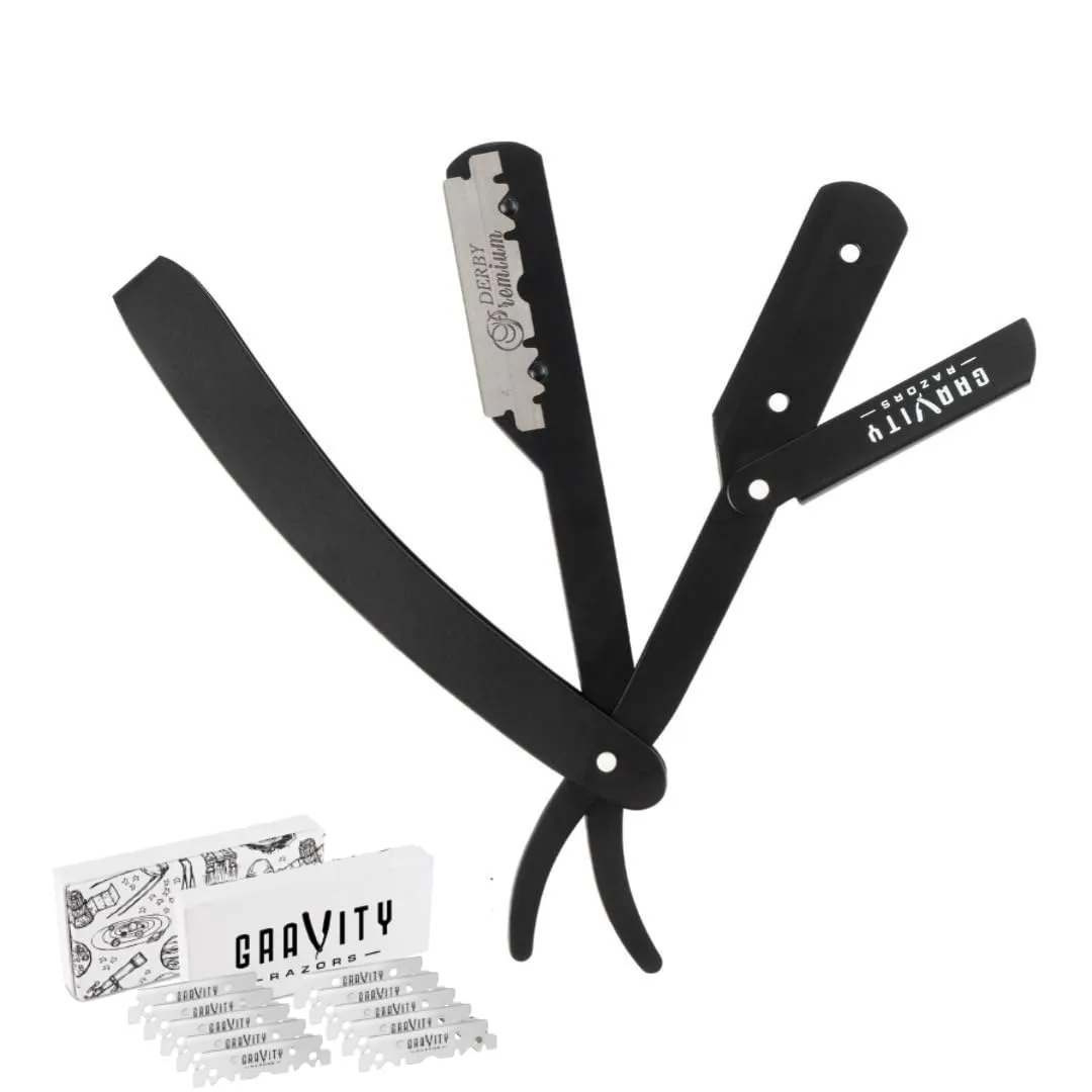 Professional Straight Razor - Minimal Exposure Straight Razor Kit with 10 Gravity Premium Blades, .5mm Exposed (Nightcrawler)