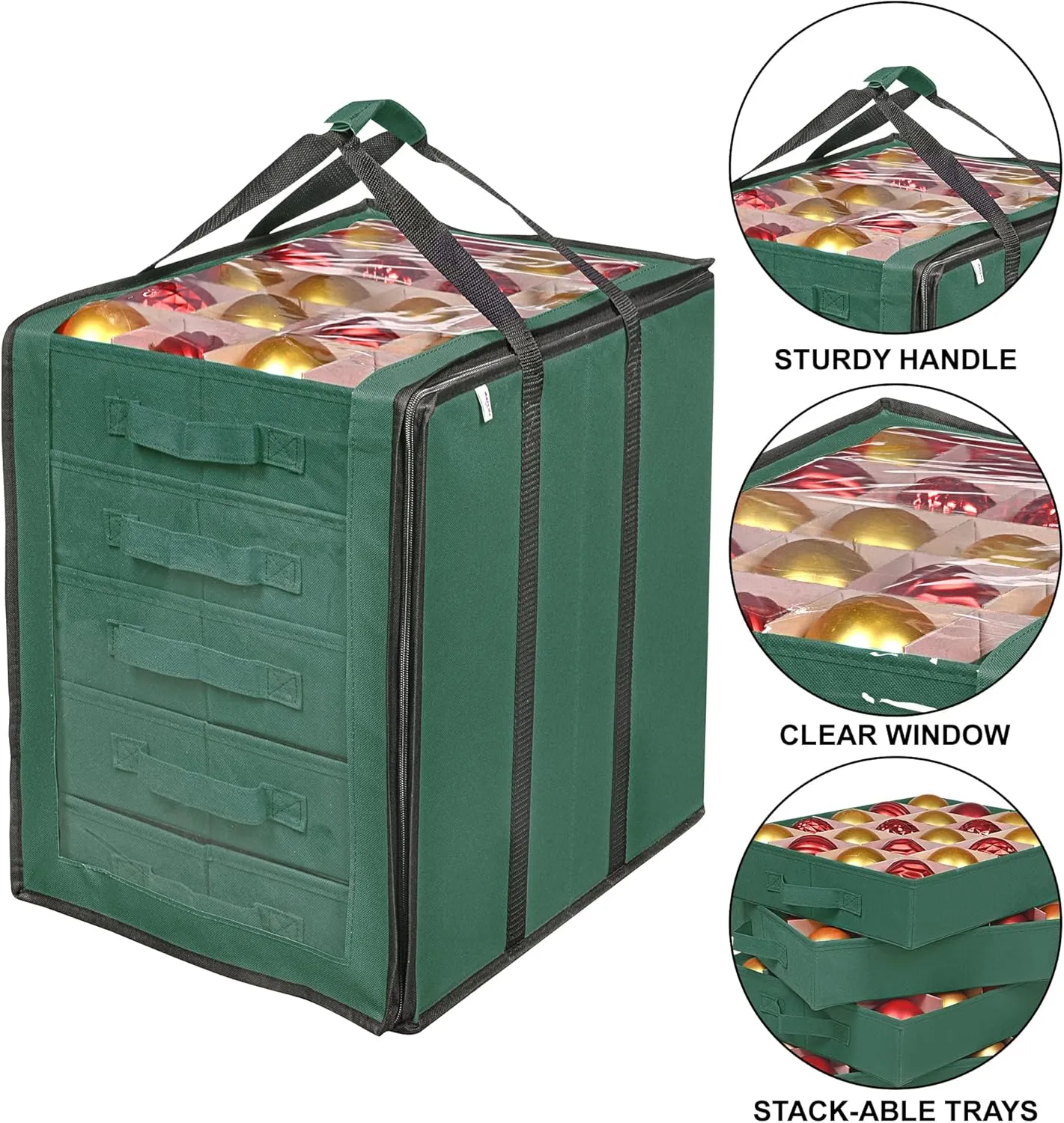 ProPik Christmas Ornament Storage Boxes with Dividers - 5 Separate Trays - Ornament Holder - Keeps 100 Holiday Ornaments - Durable Carrying Bag Handles Organizer Storage Box (Green)