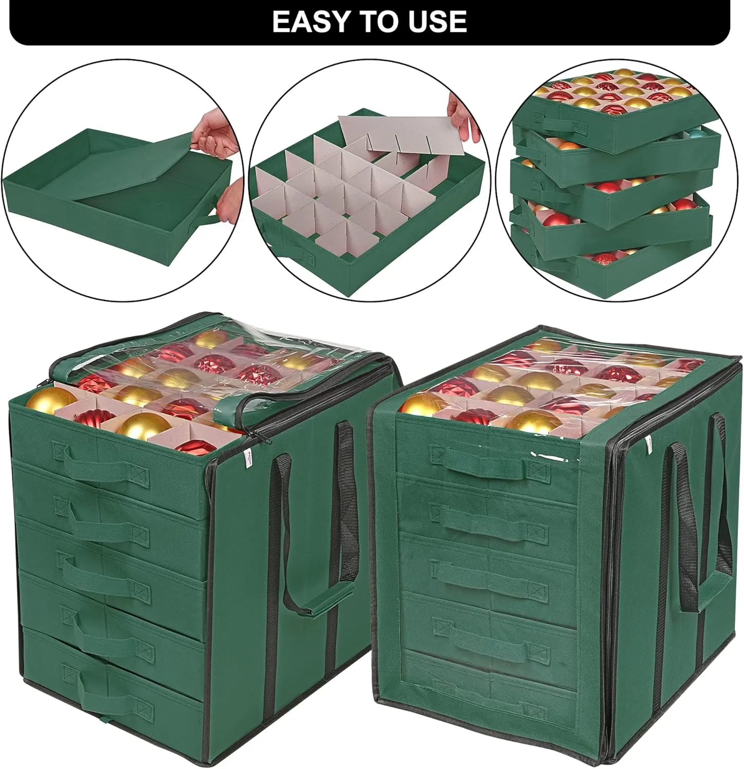 ProPik Christmas Ornament Storage Boxes with Dividers - 5 Separate Trays - Ornament Holder - Keeps 100 Holiday Ornaments - Durable Carrying Bag Handles Organizer Storage Box (Green)