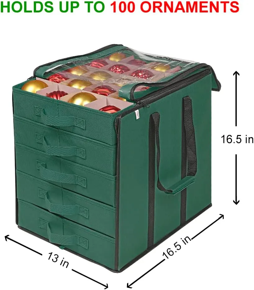 ProPik Christmas Ornament Storage Boxes with Dividers - 5 Separate Trays - Ornament Holder - Keeps 100 Holiday Ornaments - Durable Carrying Bag Handles Organizer Storage Box (Green)