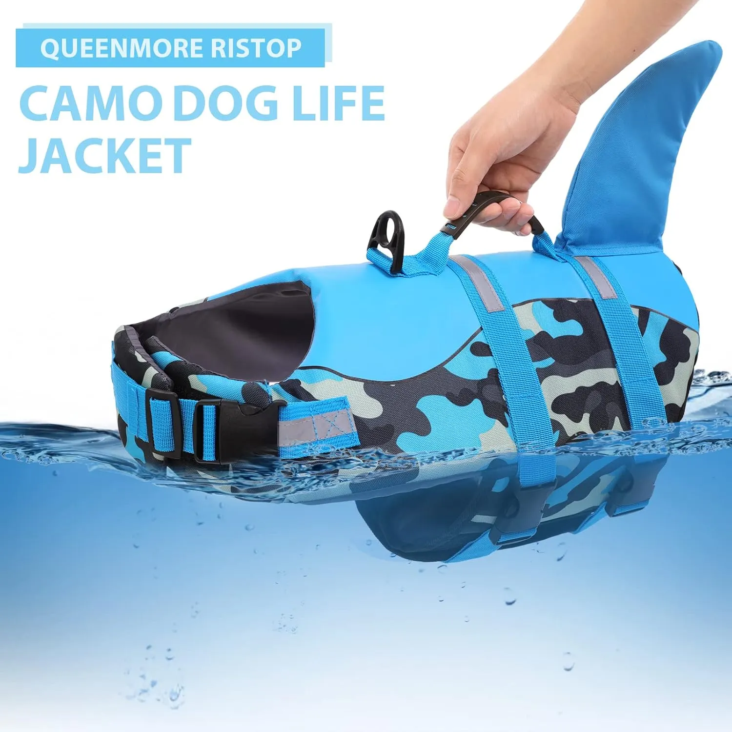 Queenmore Dog Life Jacket Ripstop Dog Shark Safety Vest Adjustable Preserver with High Buoyancy and Durable Rescue Handle for Small,Medium,Large Dogs, Blue Camouflage Medium